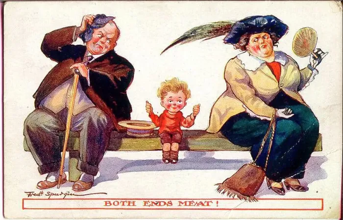 Framed Print : Comic postcard, Little boy with plump couple on a bench - Both ends meat! Date: early 20th century Framed Print : Comic postcard, Little boy with plump couple on a bench - Both ends meat! Date: early 20th century