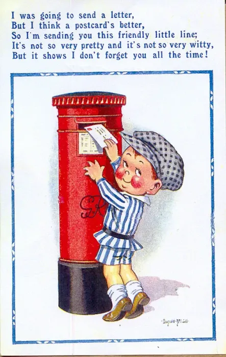 Framed Print : Comic postcard, Little boy posting a card Date: 20th century Framed Print : Comic postcard, Little boy posting a card Date: 20th century