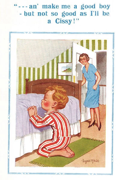 Comic postcard, Little boy praying by his bed