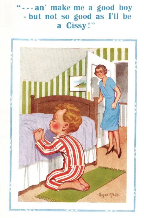 Framed Print : Comic postcard, Little boy praying by his bed Framed Print : Comic postcard, Little boy praying by his bed