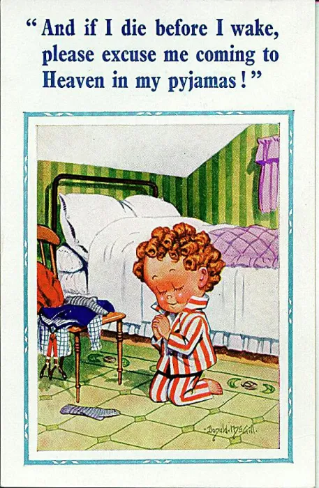 : Comic postcard, Little boy praying by his bed Date: 20th century : Comic postcard, Little boy praying by his bed Date: 20th century
