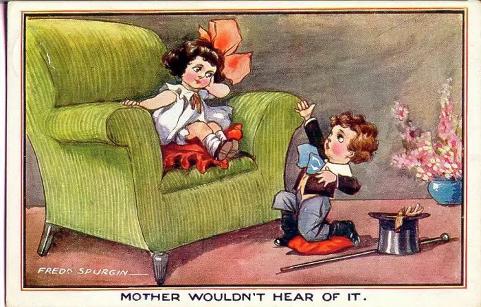 Framed Print : Comic postcard, Little boy proposing to little girl - Mother wouldn't hear of it. Date: early 20th century Framed Print : Comic postcard, Little boy proposing to little girl - Mother wouldn't hear of it. Date: early 20th century