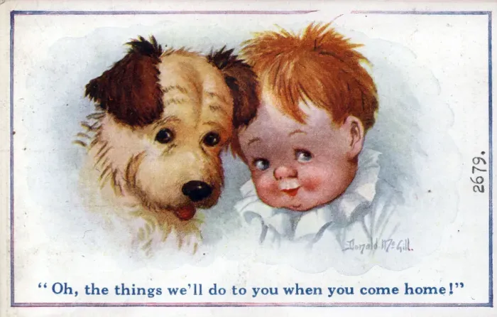 Framed Print : Comic postcard, Little boy and puppy, WW1 Framed Print : Comic postcard, Little boy and puppy, WW1