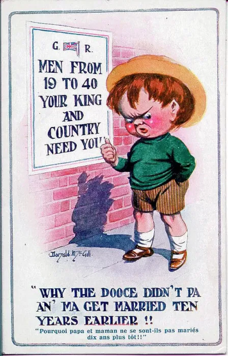 Framed Print : Comic postcard, Little boy and recruitment poster. Date: 1914-1918 Framed Print : Comic postcard, Little boy and recruitment poster. Date: 1914-1918