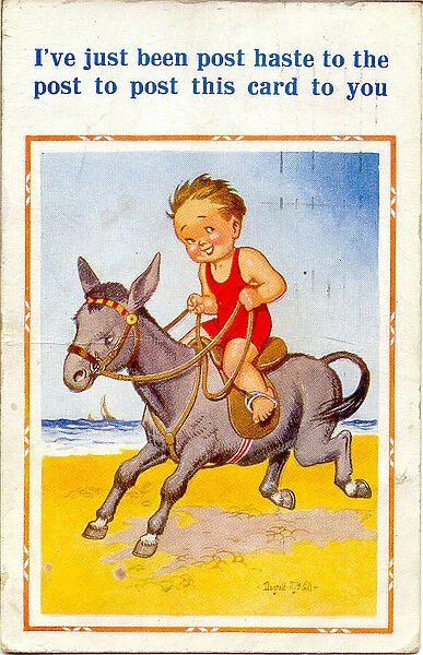 Comic postcard, Little boy riding a donkey on the beach Date: 20th century
