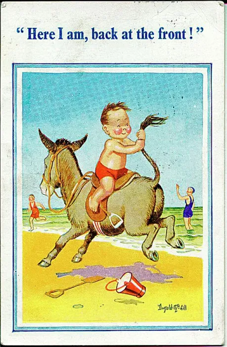 : Comic postcard, Little boy riding a donkey on the beach - back at the front Date: 20th century : Comic postcard, Little boy riding a donkey on the beach - back at the front Date: 20th century