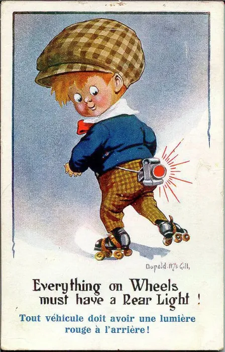 Framed Print : Comic postcard, Little boy on roller skates with rear light. Date: 20th century Framed Print : Comic postcard, Little boy on roller skates with rear light. Date: 20th century