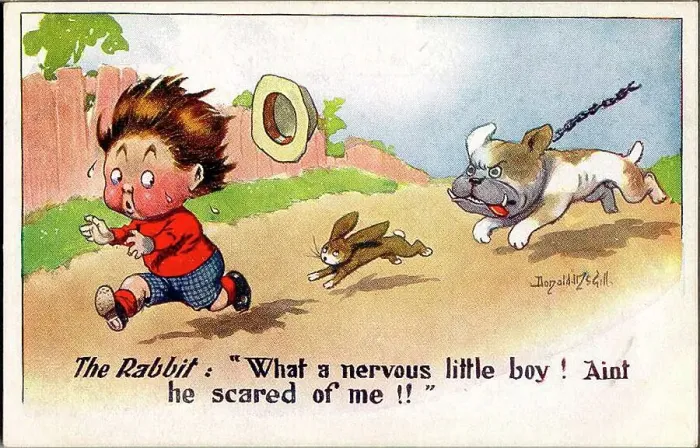 Framed Print : Comic postcard, Little boy running away, chased by rabbit and dog. Date: 20th century Framed Print : Comic postcard, Little boy running away, chased by rabbit and dog. Date: 20th century
