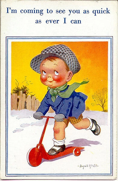 Comic postcard, Little boy on a scooter in the snow Date: 20th century