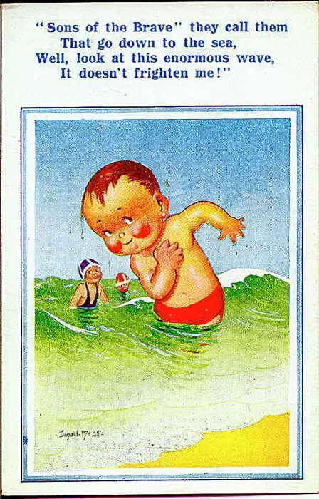 : Comic postcard, Little boy at the seaside Date: 20th century : Comic postcard, Little boy at the seaside Date: 20th century