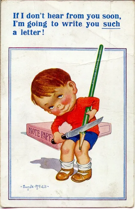 Framed Print : Comic postcard, Little boy sharpening large pencil Date: 20th century Framed Print : Comic postcard, Little boy sharpening large pencil Date: 20th century