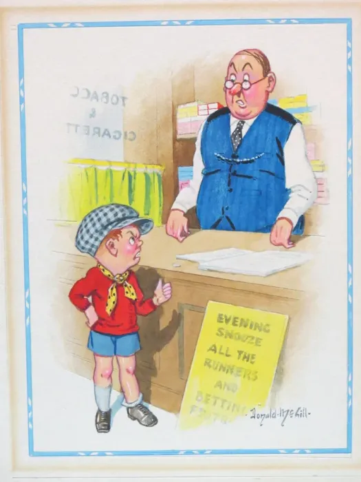 Framed Print : Comic postcard, Little boy and shopkeeper Framed Print : Comic postcard, Little boy and shopkeeper