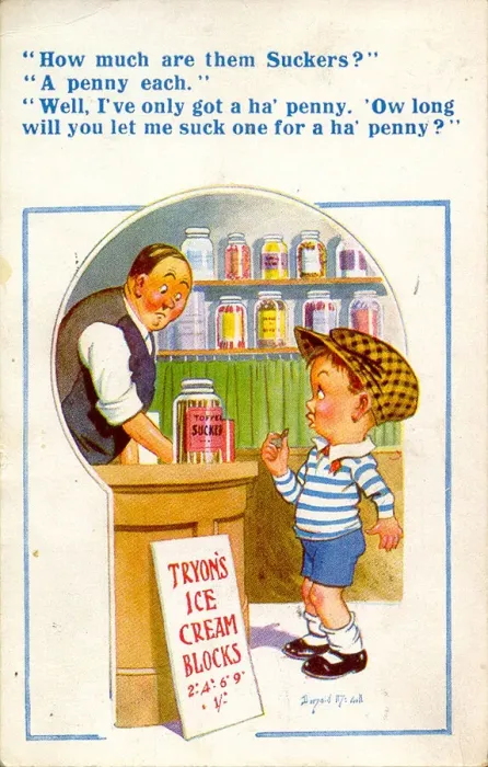 Framed Print : Comic postcard, Little boy and shopkeeper Date: 20th century Framed Print : Comic postcard, Little boy and shopkeeper Date: 20th century