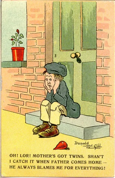 Framed Print : Comic postcard, Little boy sitting on doorstep Date: 20th century Framed Print : Comic postcard, Little boy sitting on doorstep Date: 20th century