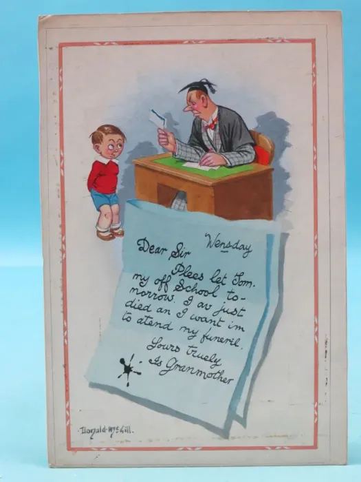 Framed Print : Comic postcard, Little boy and teacher - a forged letter! Date: 20th century Framed Print : Comic postcard, Little boy and teacher - a forged letter! Date: 20th century