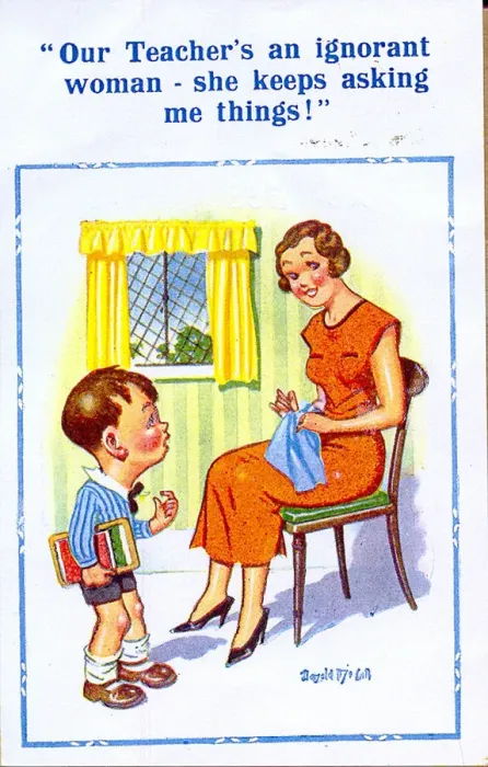 Framed Print : Comic postcard, Little boy tells mother about his teacher Framed Print : Comic postcard, Little boy tells mother about his teacher