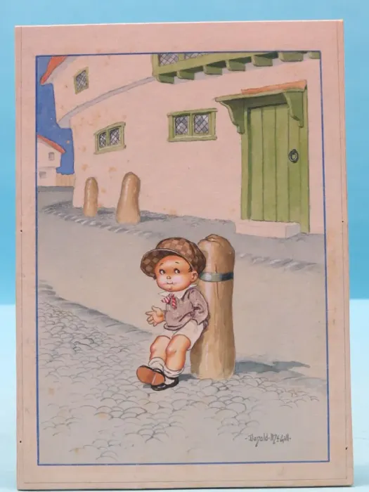 Framed Print : Comic postcard, Little boy waiting for his girlfriend. Date: 20th century Framed Print : Comic postcard, Little boy waiting for his girlfriend. Date: 20th century