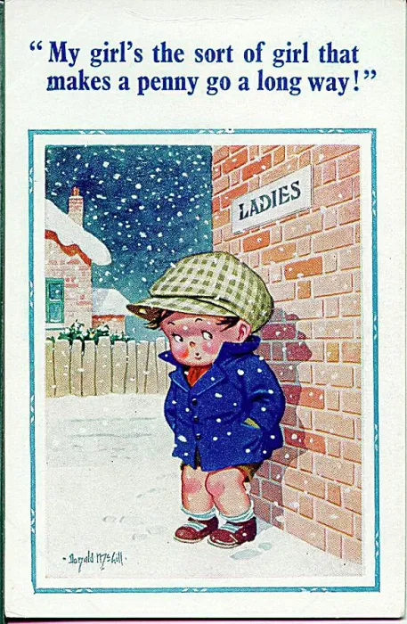 : Comic postcard, Little boy waits for his girlfriend to come out of the Ladies Date: 20th century : Comic postcard, Little boy waits for his girlfriend to come out of the Ladies Date: 20th century