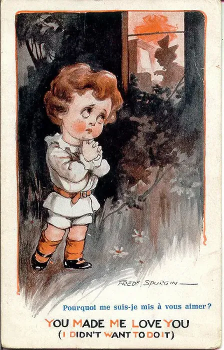 Framed Print : Comic postcard, Little boy watching girl through window - You made me love you (I didn't want to do it) Date: early 20th century Framed Print : Comic postcard, Little boy watching girl through window - You made me love you (I didn't want to do it) Date: early 20th century