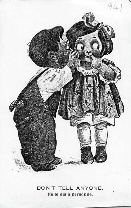 Framed Print : Comic postcard, Little boy whispering to little girl - Don't tell anyone, Date: early 20th century Framed Print : Comic postcard, Little boy whispering to little girl - Don't tell anyone, Date: early 20th century