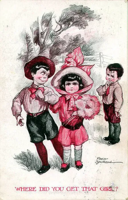Framed Print : Comic postcard, Two little boys and a girl - Where did you get that girl? Date: early 20th century Framed Print : Comic postcard, Two little boys and a girl - Where did you get that girl? Date: early 20th century