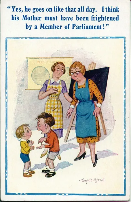 Framed Print : Comic postcard, Little boys and teachers in classroom Date: 20th century Framed Print : Comic postcard, Little boys and teachers in classroom Date: 20th century