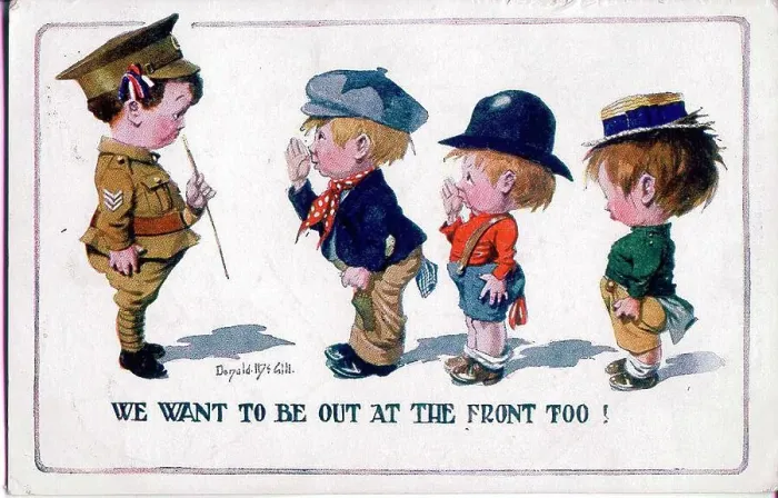 Framed Print : Comic postcard, Three little boys want to join the army. Date: 1914-1918 Framed Print : Comic postcard, Three little boys want to join the army. Date: 1914-1918