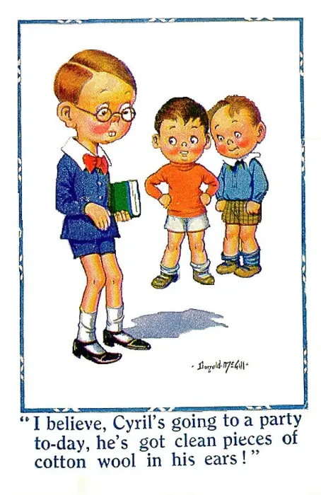 : Comic postcard, Three little boys, one of them rather wimpish Date: 20th century : Comic postcard, Three little boys, one of them rather wimpish Date: 20th century