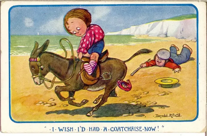 Framed Print : Comic postcard, Little child at the seaside on a donkey Date: 20th century Framed Print : Comic postcard, Little child at the seaside on a donkey Date: 20th century