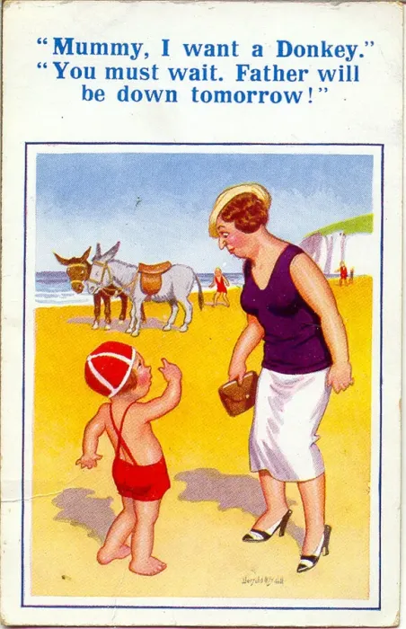 Framed Print : Comic postcard, Little girl asking for a donkey on the beach Date: 20th century Framed Print : Comic postcard, Little girl asking for a donkey on the beach Date: 20th century