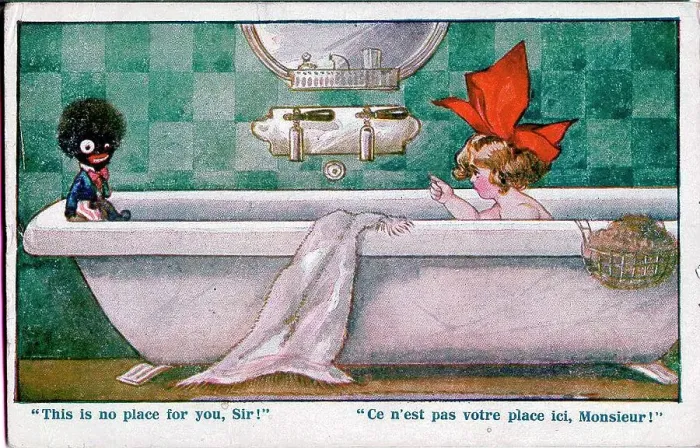 Framed Print : Comic postcard, Little girl in the bath - This is no place for you, Sir! Date: early 20th century Framed Print : Comic postcard, Little girl in the bath - This is no place for you, Sir! Date: early 20th century
