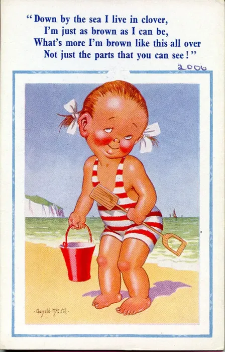 Framed Print : Comic postcard, Little girl on the beach with bucket and spade Date: 20th century Framed Print : Comic postcard, Little girl on the beach with bucket and spade Date: 20th century