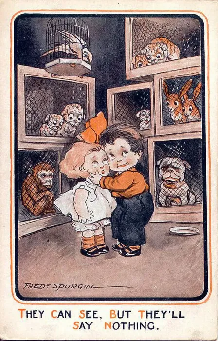 Framed Print : Comic postcard, Little girl and boy with audience of animals - They can see, but they'll say nothing. Date: early 20th century Framed Print : Comic postcard, Little girl and boy with audience of animals - They can see, but they'll say nothing. Date: early 20th century