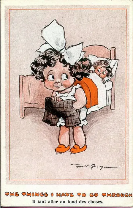 Framed Print : Comic postcard, Little girl and boy in bedroom - The things I have to go through. Date: early 20th century
