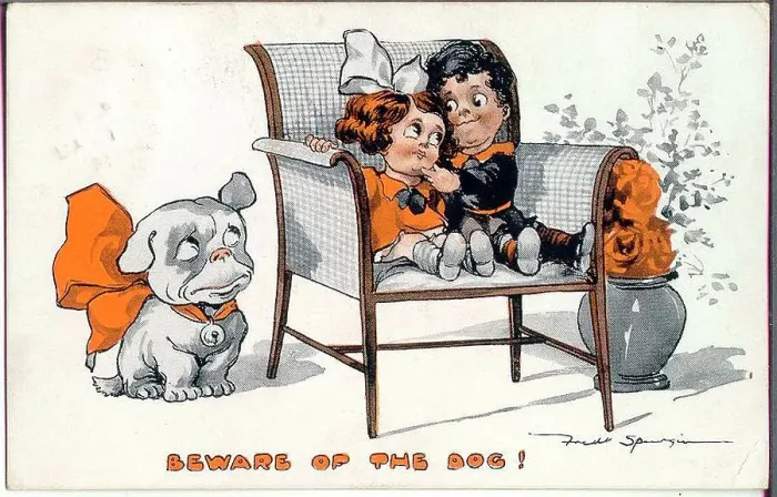 Framed Print : Comic postcard, Little girl and boy in a chair, watched by dog - Beware of the dog! Date: early 20th century Framed Print : Comic postcard, Little girl and boy in a chair, watched by dog - Beware of the dog! Date: early 20th century