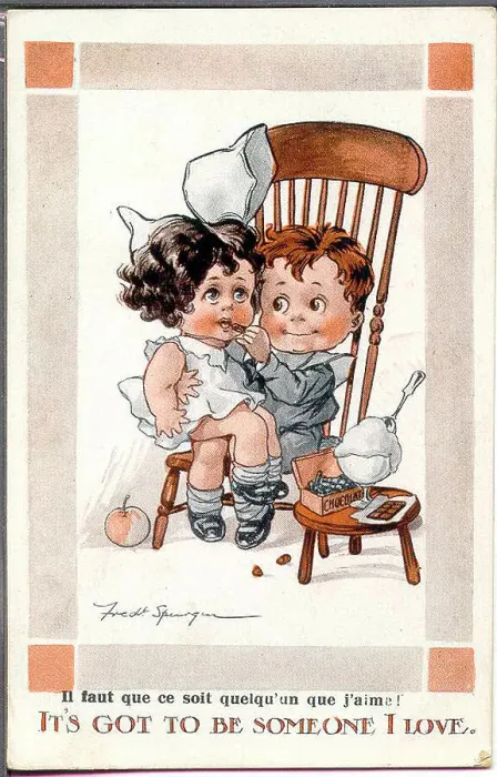 Framed Print : Comic postcard, Little girl and boy on a chair - It's got to be someone I love. Date: early 20th century Framed Print : Comic postcard, Little girl and boy on a chair - It's got to be someone I love. Date: early 20th century