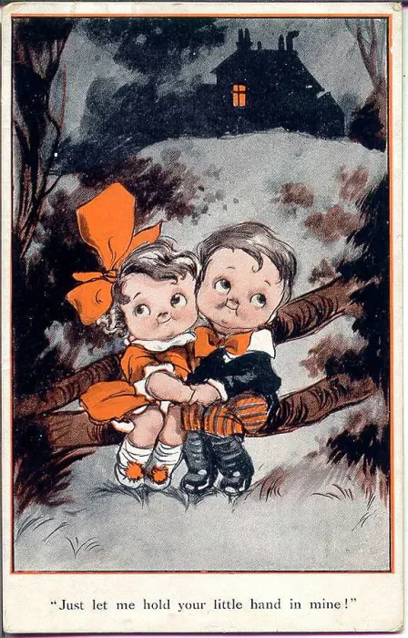 Framed Print : Comic postcard, Little girl and boy holding hands Date: early 20th century Framed Print : Comic postcard, Little girl and boy holding hands Date: early 20th century
