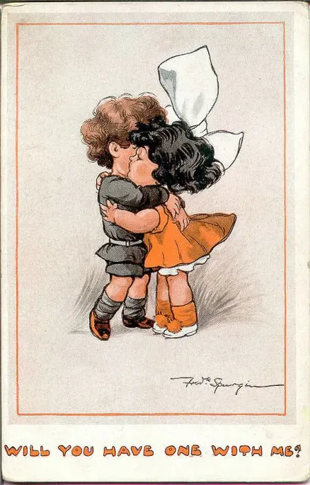 Framed Print : Comic postcard, Little girl and boy hugging and kissing - Will you have one with me? Date: early 20th century Framed Print : Comic postcard, Little girl and boy hugging and kissing - Will you have one with me? Date: early 20th century