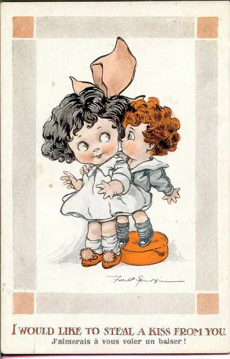 Framed Print : Comic postcard, Little girl and boy kissing Framed Print : Comic postcard, Little girl and boy kissing