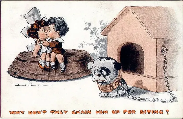 Framed Print : Comic postcard, Little girl and boy kissing, watched by dog - Why don't they chain him up for biting? Date: early 20th century Framed Print : Comic postcard, Little girl and boy kissing, watched by dog - Why don't they chain him up for biting? Date: early 20th century