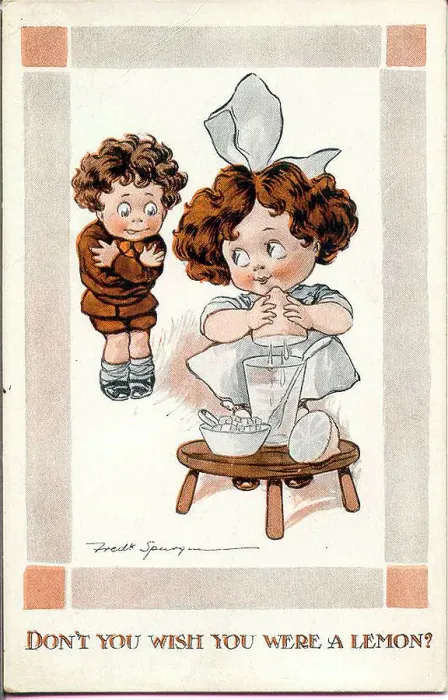 Framed Print : Comic postcard, Little girl and boy with lemon - Don't you wish you were a lemon? Date: early 20th century Framed Print : Comic postcard, Little girl and boy with lemon - Don't you wish you were a lemon? Date: early 20th century