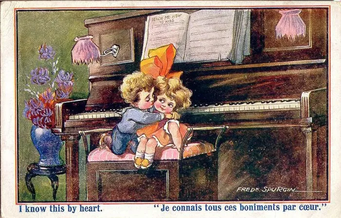 Framed Print : Comic postcard, Little girl and boy on piano stool - I know this by heart. Date: early 20th century Framed Print : Comic postcard, Little girl and boy on piano stool - I know this by heart. Date: early 20th century