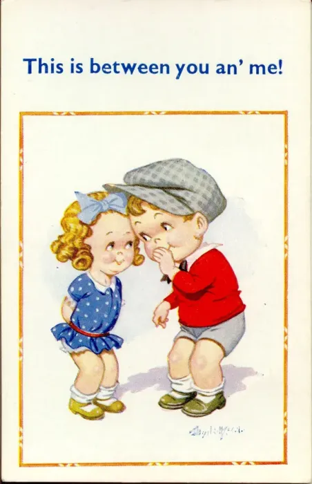 Framed Print : Comic postcard, Little girl and boy sharing a secret Date: 20th century Framed Print : Comic postcard, Little girl and boy sharing a secret Date: 20th century