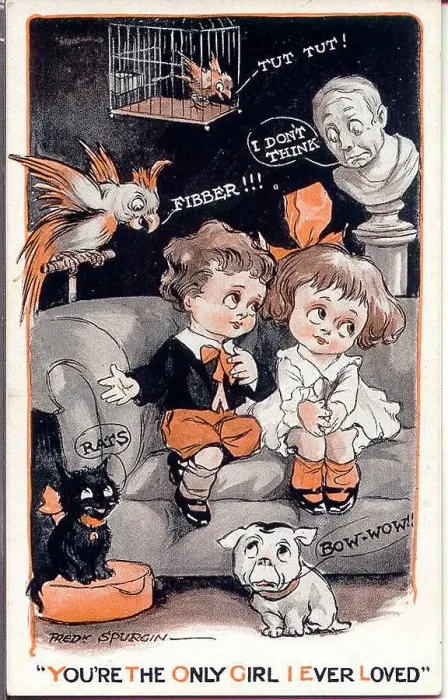 Framed Print : Comic postcard, Little girl and boy on a sofa, surrounded by birds and animals - You're the only girl I ever loved. Date: early 20th century Framed Print : Comic postcard, Little girl and boy on a sofa, surrounded by birds and animals - You're the only girl I ever loved. Date: early 20th century