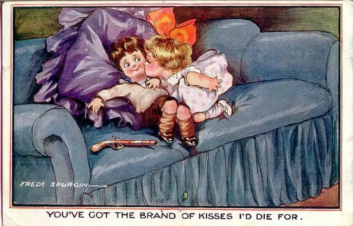 Framed Print : Comic postcard, Little girl and boy on a sofa - You've got the brand of kisses I'd die for. Date: early 20th century