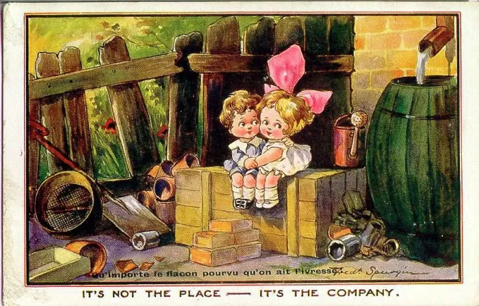 Framed Print : Comic postcard, Little girl and boy in an untidy back garden - It's not the place - it's the company. Date: early 20th century Framed Print : Comic postcard, Little girl and boy in an untidy back garden - It's not the place - it's the company. Date: early 20th century