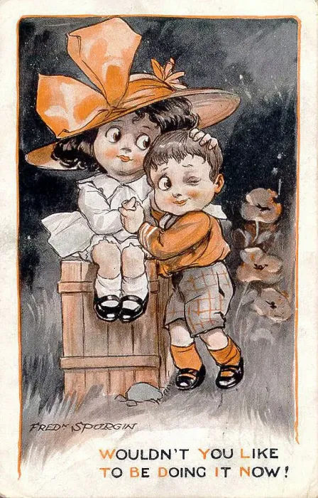 Framed Print : Comic postcard, Little girl and boy - Wouldn't you like to be doing it now! Date: early 20th century Framed Print : Comic postcard, Little girl and boy - Wouldn't you like to be doing it now! Date: early 20th century