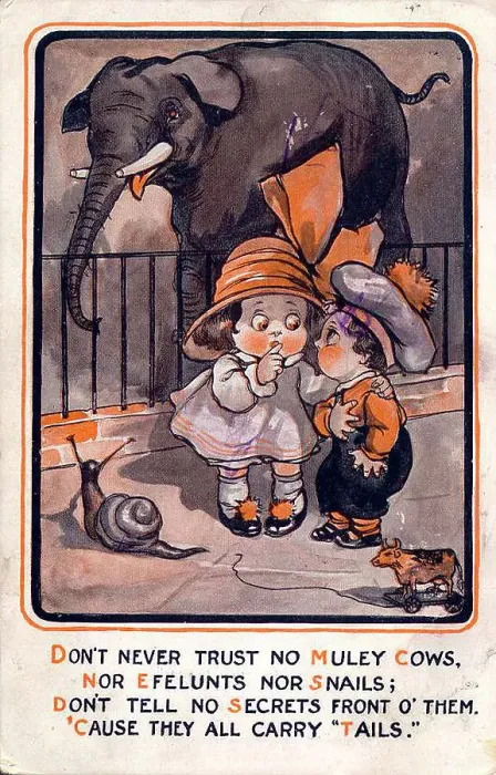 Framed Print : Comic postcard, Little girl and boy at the zoo Date: early 20th century Framed Print : Comic postcard, Little girl and boy at the zoo Date: early 20th century