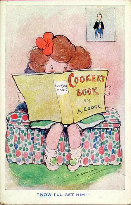 Framed Print : Comic postcard, little girl with cookery book - Now I'll get him! Date: circa 1930s