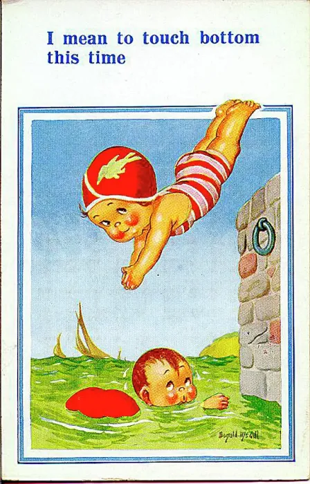 : Comic postcard, Little girl diving into the sea near boy. Date: 20th century : Comic postcard, Little girl diving into the sea near boy. Date: 20th century
